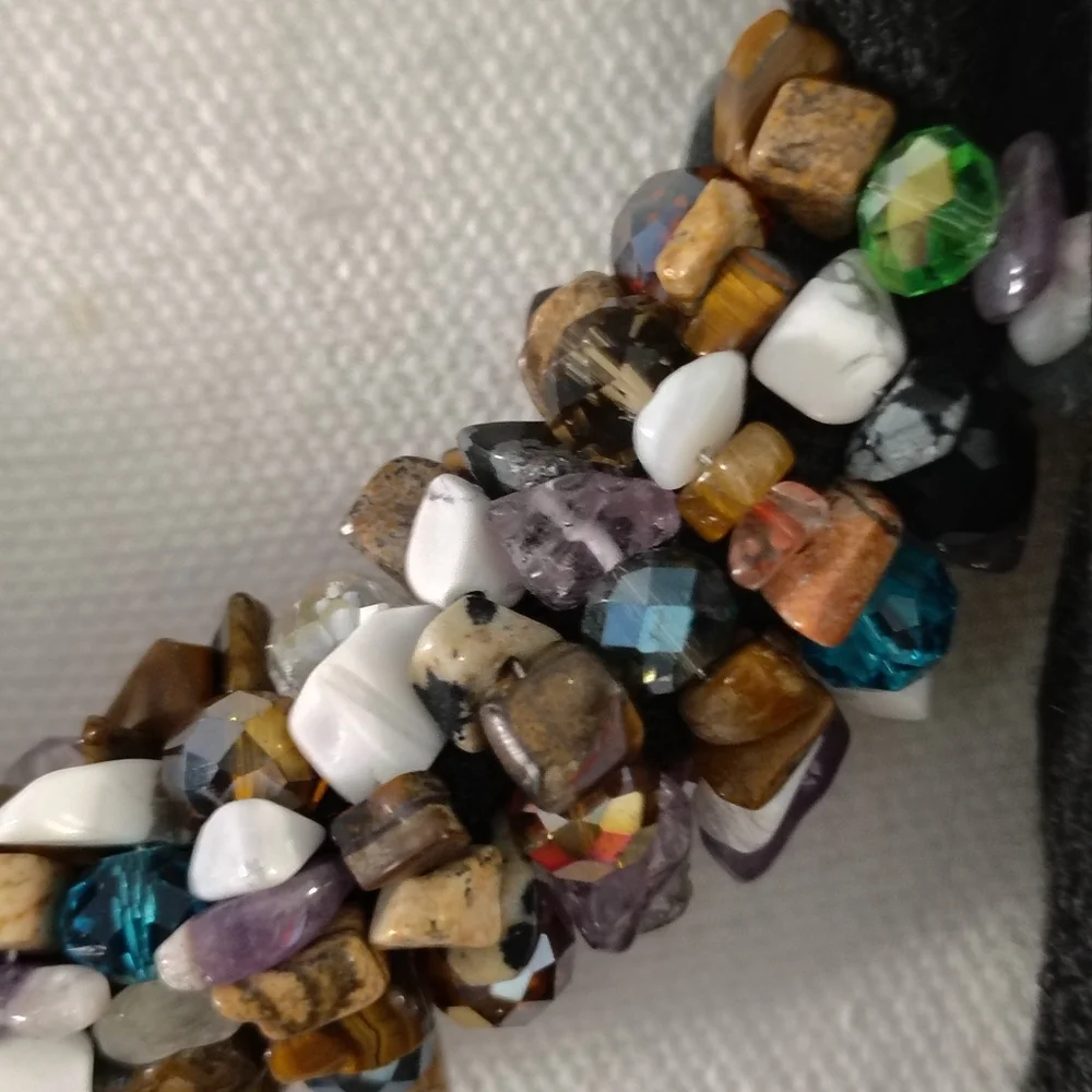 Artisan Crystal Beaded Necklace Scarf Stone Chips Nuggets Wrapped Fringe Black